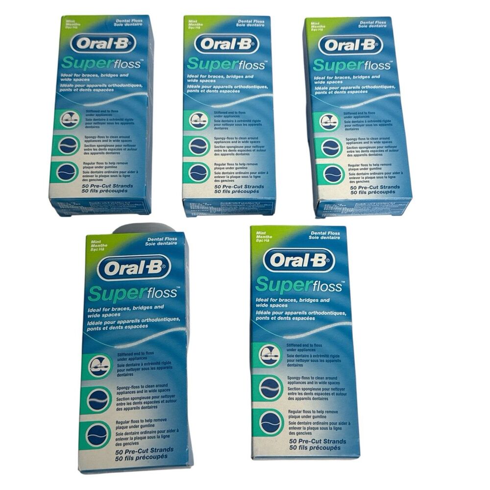 5× Oral-B Super Floss Mint, 50 Pre-Cut Strands Per Box Total 250 Pre-Cut Strands